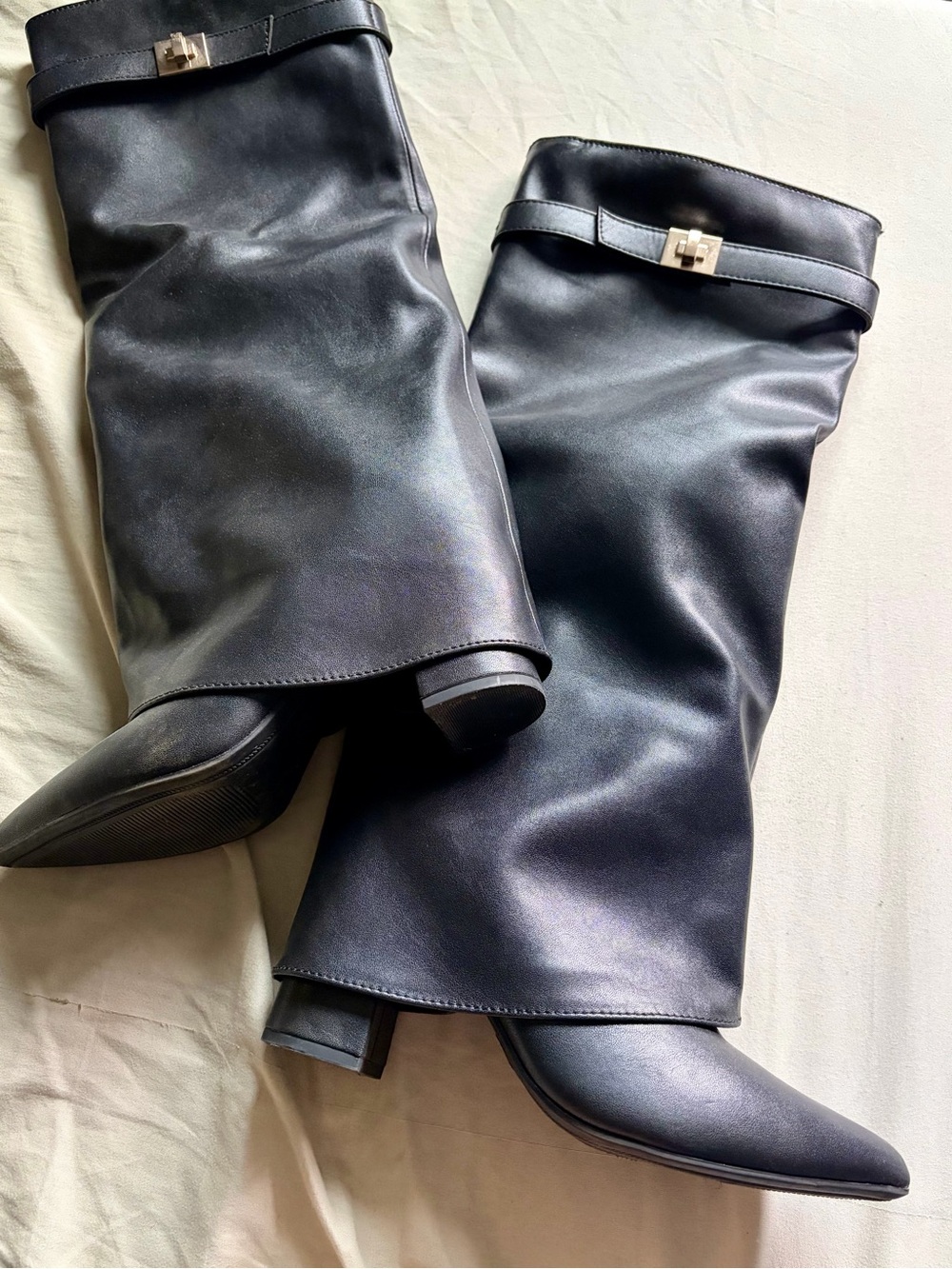Black Knee High Pointed Toe Buckle Boots Size 6.5